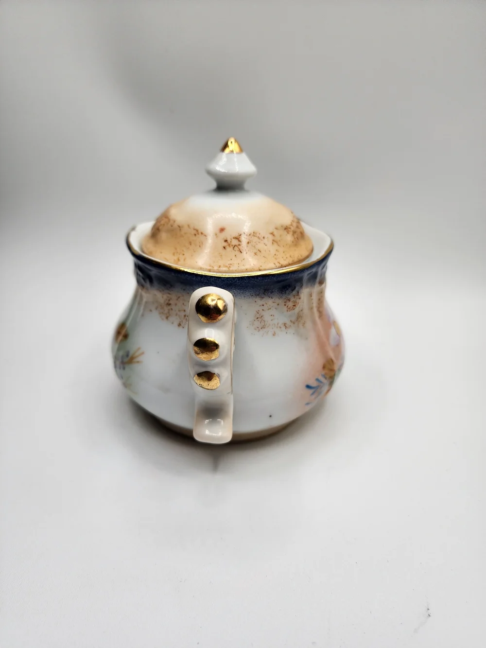 Vintage Porcelain Floral Sugar Bowl with Gold Accents Garden Scene English Tea